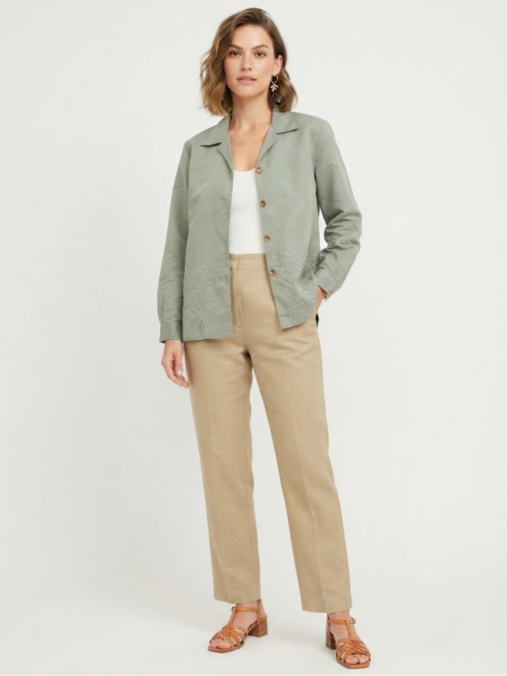 Vintage Erika Collection Embroidered Button Down Shirt Sage Green Petite M⁠